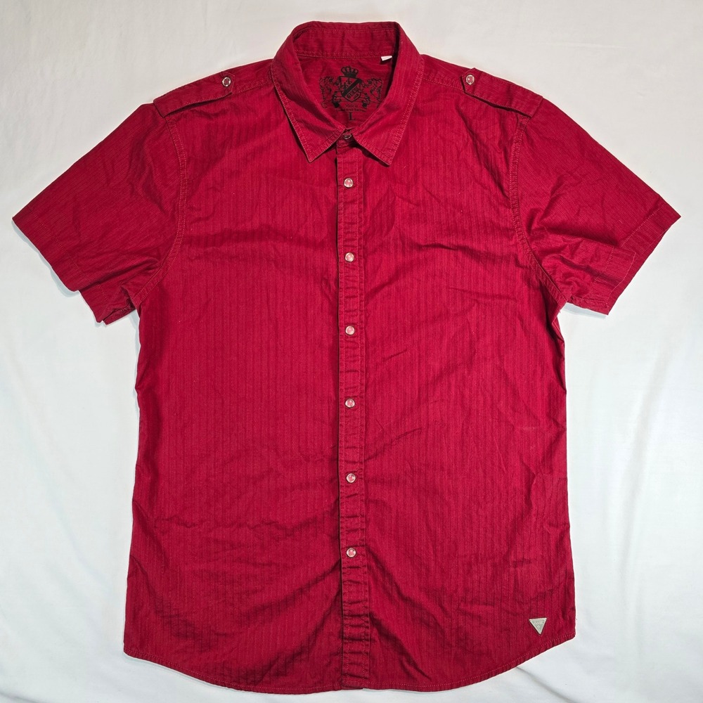 Guess Mens Red Short Sleeve Button Down Shirt Pinstripe Snap Front Large X13H02